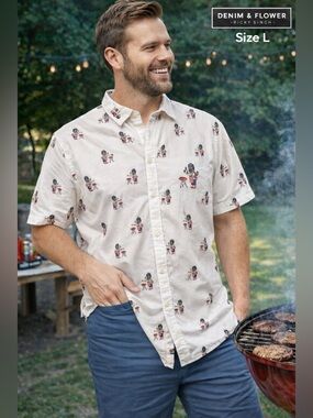 Denim & Flower Ricky Singh BBQ Print Shirt USA Flag Cotton Mens sz large novelty